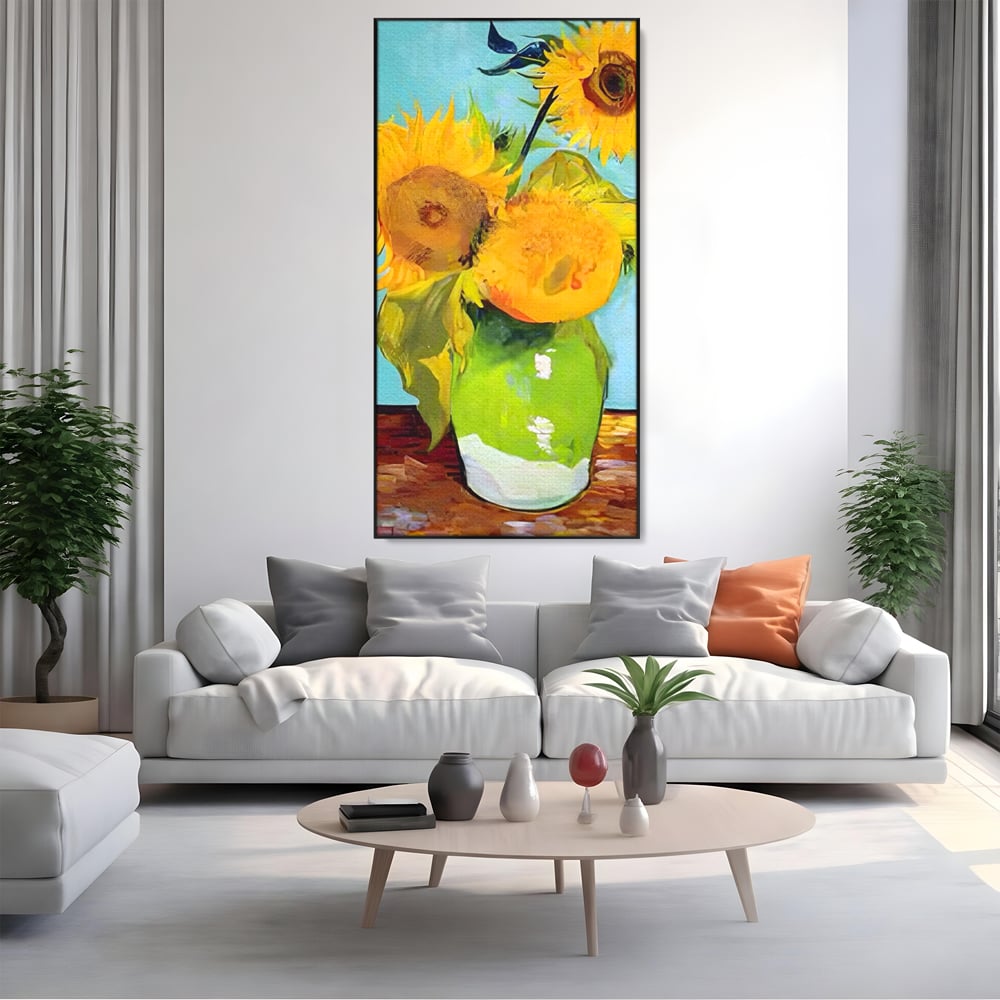 Tablou canvas cu tablou canvas cu floarea soarelui in vaza, in rama de aluminiu negru, pe perete intr-un living